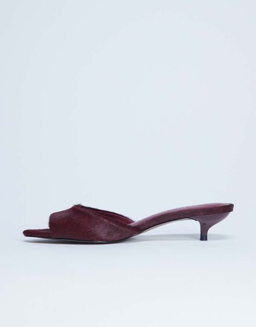Alba real leather peep toe kitten heel mule in red pony
