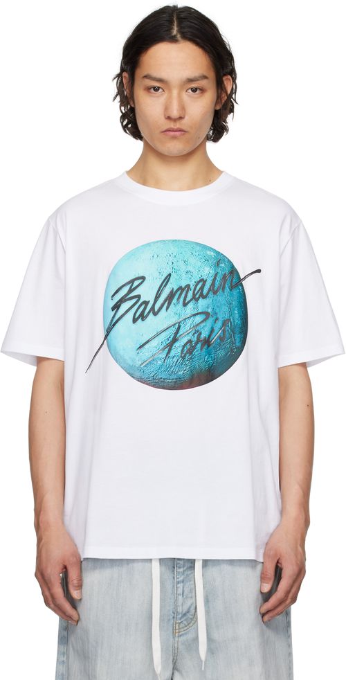 Balmain White Printed 'Balmain Paris' Logo & Planet T-shirt