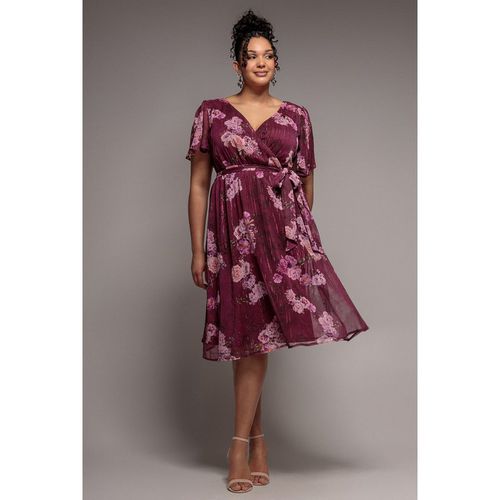 Goddiva Plus Floral Print Wrap Chiffon Midi Dress - Berry Flora