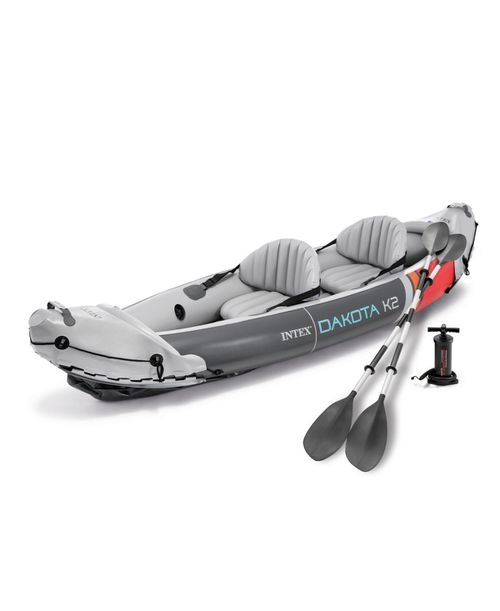 Dakota K2 2 Person Vinyl Inflatable Kayak and Accessory Kit w/ Oars & Pump - Gray and red