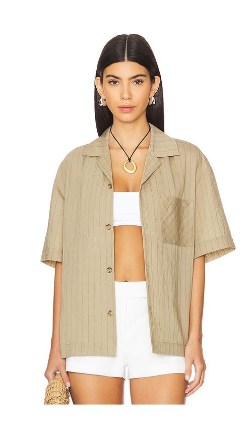 WAO Vertical Stripe Short Sleeve Shirt in Taupe & Black - Brown. M also in