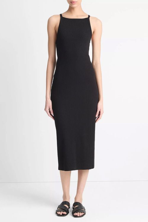 Cotton-Blend Ribbed High-Neck Tank Dress in Black