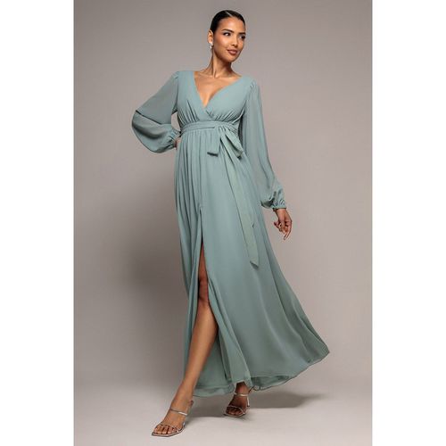 Goddiva Sustainable Front Split Wrap Style Chiffon Maxi Dress - Sage Green