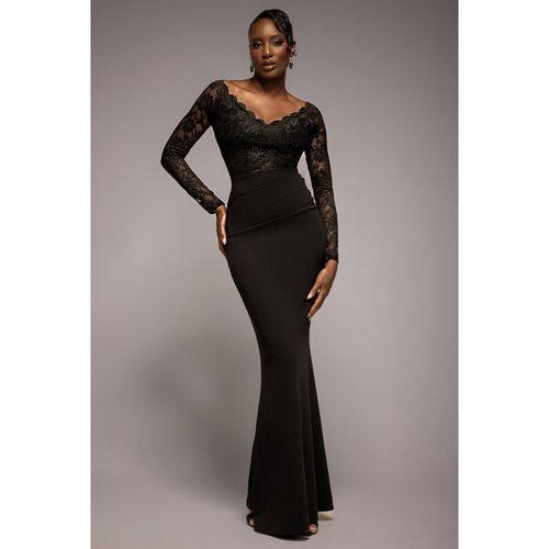 Goddiva Scalloped Lace Bodice Long Sleeve Bardot Maxi Dress - Black