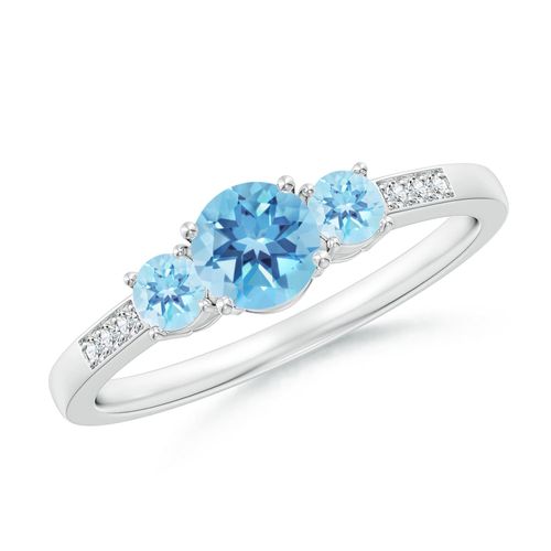 Angara 0.6 Carat Three Stone Round Swiss Blue Topaz Ring with Diamond Accents in Platinum