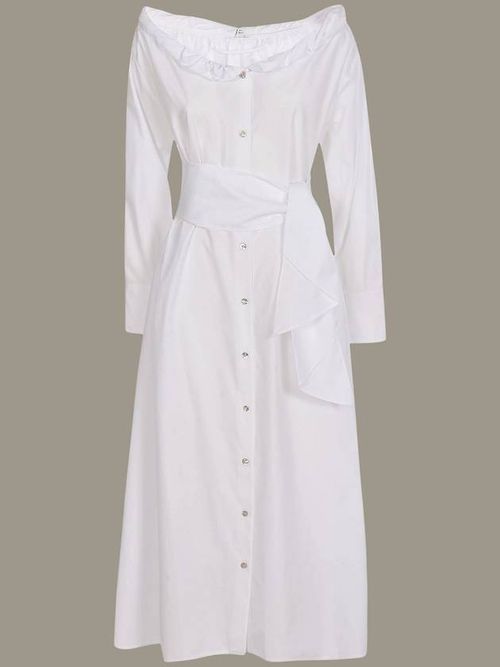 Tie-waist button-through midi dress - White