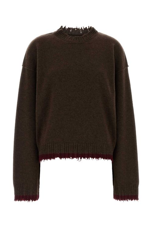 Cashmere Crew-Neck with Frayed Trim Sweater — Brown