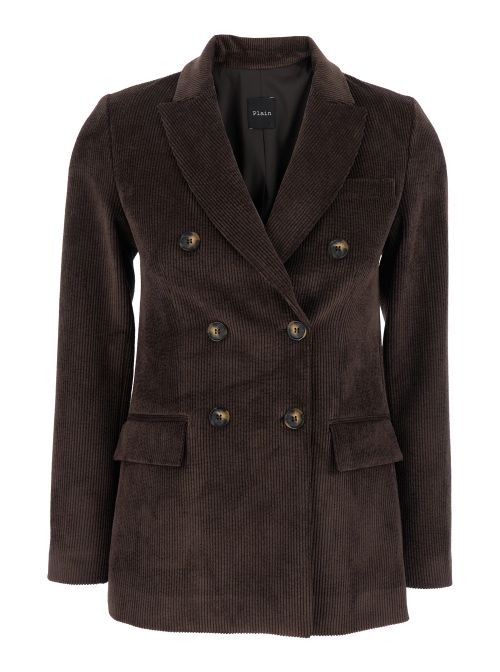 Double-Breasted Ribbed Velvet Blazer — Brown