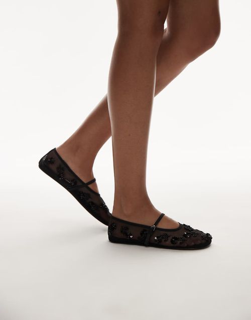 Mango embellished mesh ballet flats in black