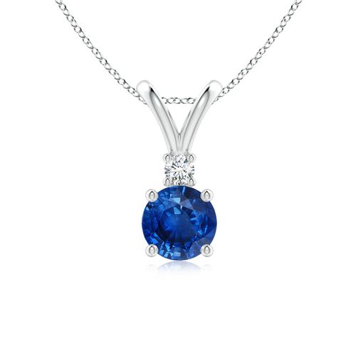 Angara 1.0 Carat Round Blue Sapphire Solitaire V-Bale Pendant with Diamond in Platinum