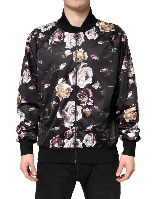 Floral-Print Polyester Bomber Jacket — Black
