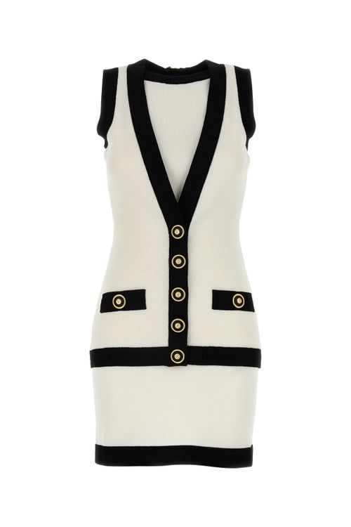 Contrast-Trim Knit Dress — White