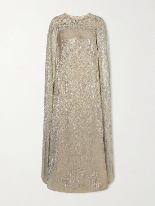 Cape-effect Crystal And Sequin-embellished Tulle-trimmed Lamé Gown - Silver