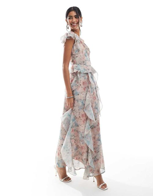 Chiffon ruffle detail one shoulder maxi dress in faded floral print-Multi