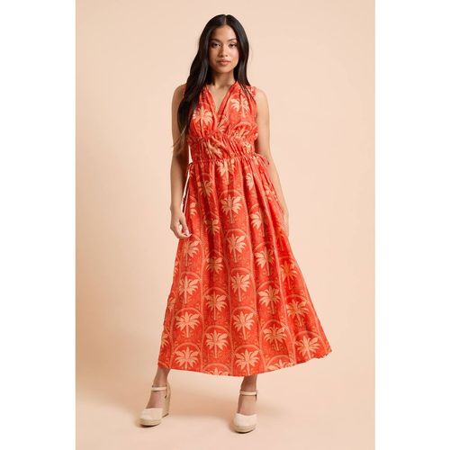 Dorothy Perkins Women's Petite Palm Printed Side Tie V Neck Maxi Dress in Orange