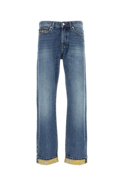 Printed-Cuff Denim Jeans — Blue