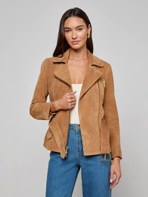 Dinah Suede Biker Jacket In Dark Chai Latte