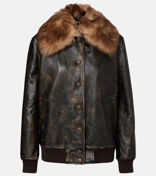 Shearling-trimmed leather bomber jacket
