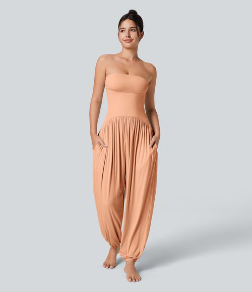 Ribbed Tube Backless Side Pocket Casual Jumpsuit  - Sunset Orange