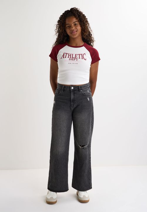 Older Girls White & Burgundy Athletic Raglan T-Shirt
