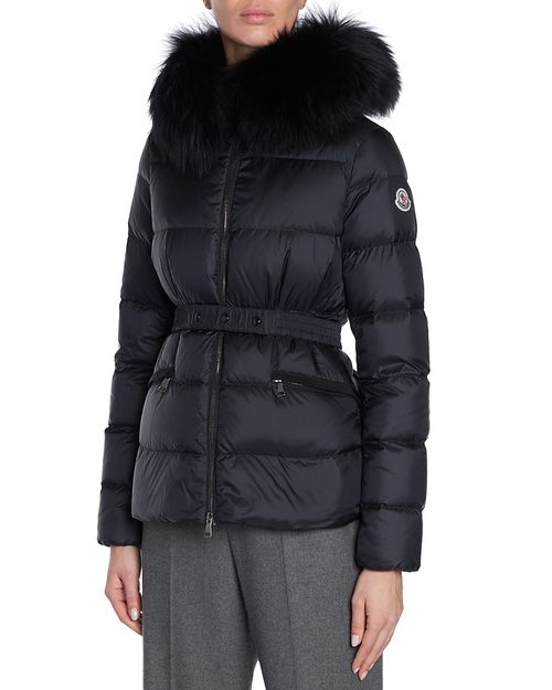 Boed Belted Down Jacket with Shearling Hood Trim