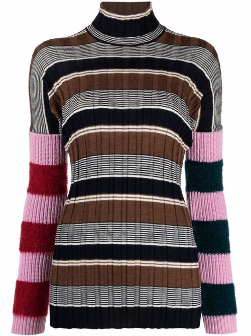 Roll-neck striped jumper - Brown