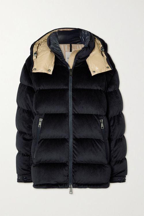 Holostee Hooded Quilted Velvet Down Jacket - Navy - 0