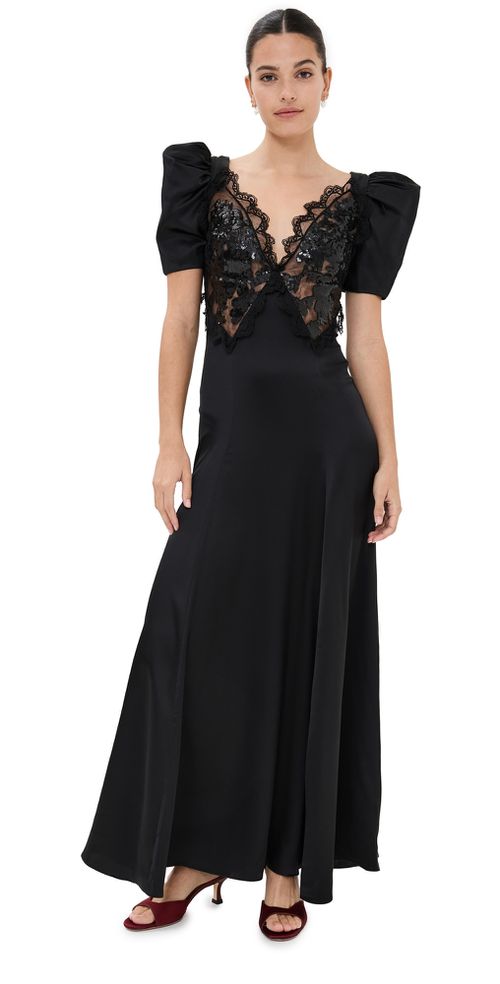 Black Silk Satin Puff Sleeve Dress With Sequin Detail Black