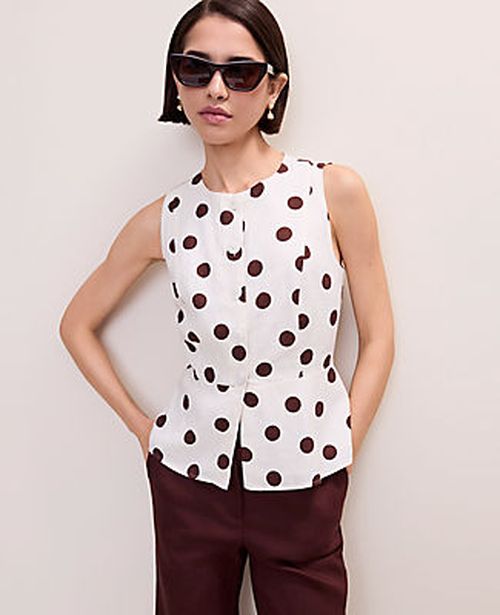 Ann Taylor Polka Dot Peplum Tank Top in Linen Blend