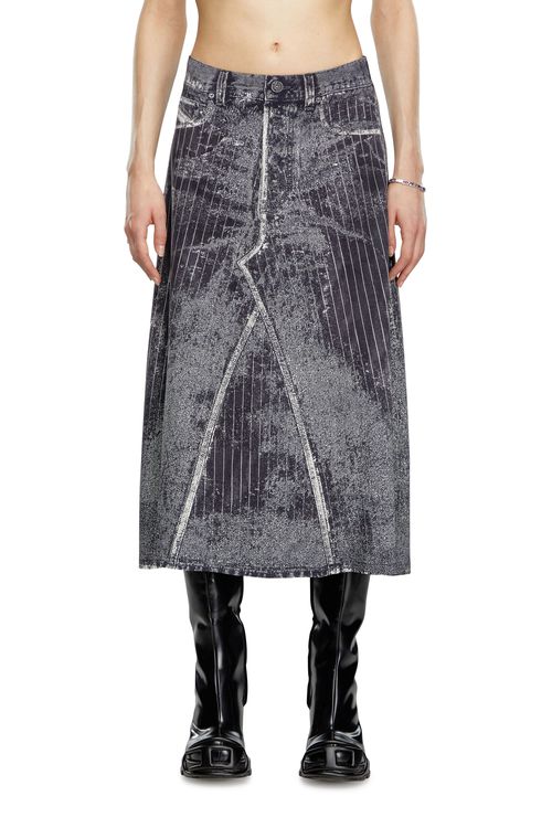 Satin skirt with print of pinstripe denim