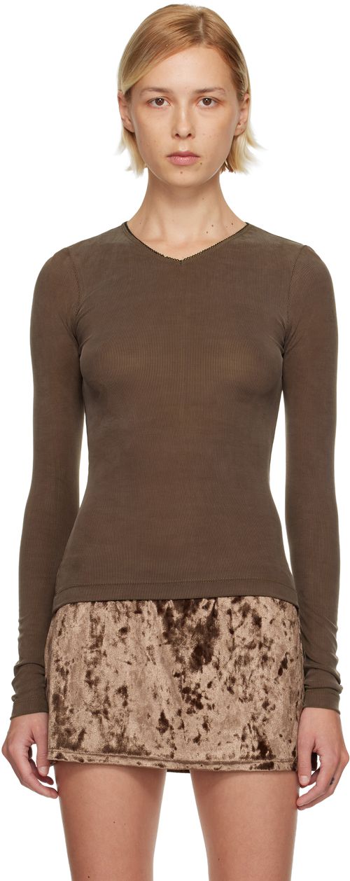 Brown Second Skin V-Neck T-shirt