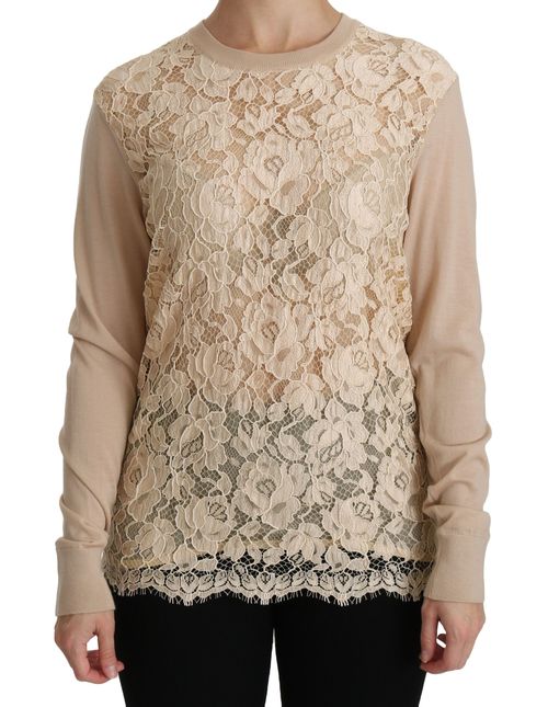 Lace-Front Cashmere Blouse — Beige