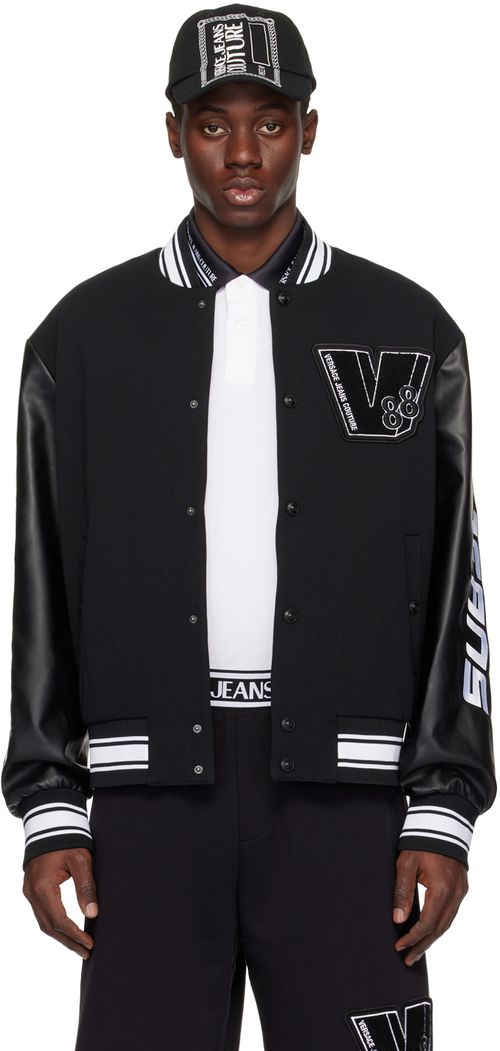 Versace Jeans Couture Black Patch Faux-Leather Bomber Jacket