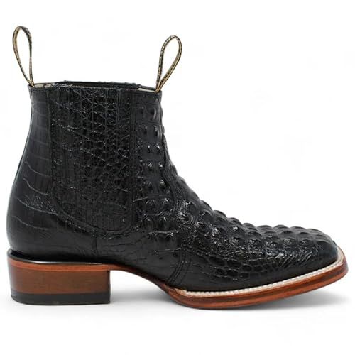 Men’s Genuine Leather Square Toe Embossed Crocodile Caiman Print Short Ankle Cowboy Boots - Black (Black, US Footwear