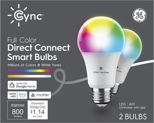 Cync Direct Connect Matter Light Bulbs (2 A19 LED Color Changing Light Bulbs) - Full Color