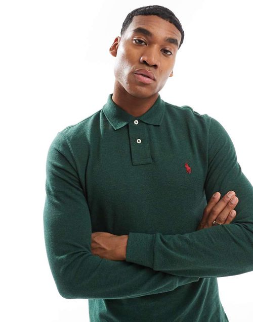 Icon logo slim fit long sleeve pique polo in dark green heather
