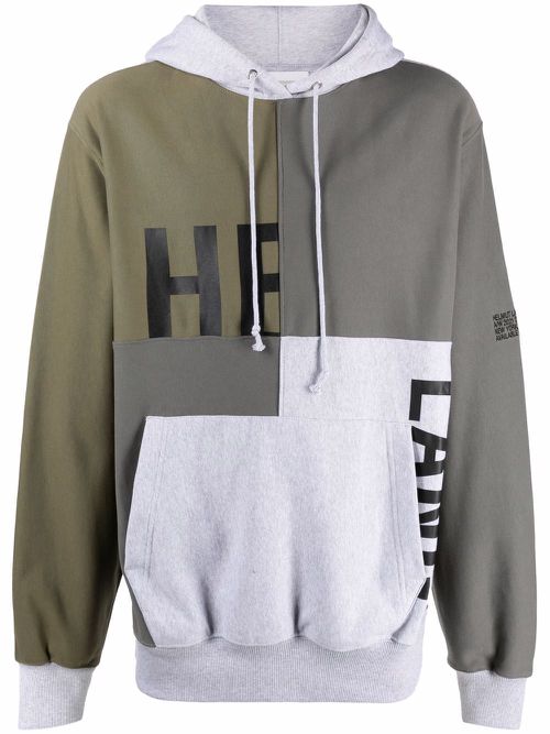 Patchwork logo-print pullover hoodie - Grey