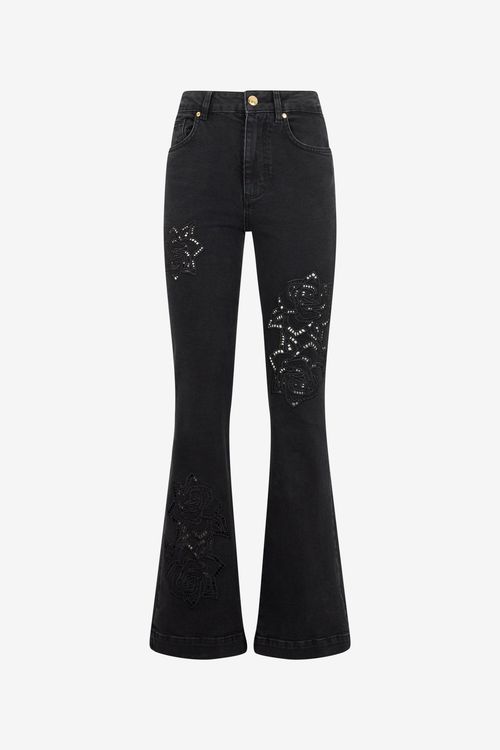 Jeans Flared Black With Floral Embroidery