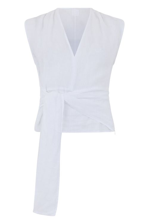 Linen Sleeveless Blouse with V-Neck and Knot Tie Belt