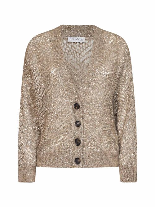 Openwork Leaf with Sequins Cardigan — Brown