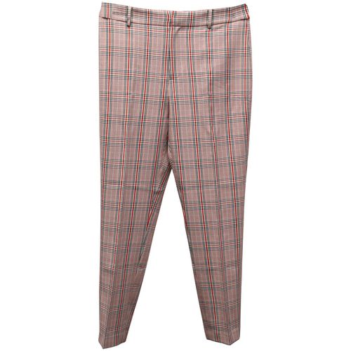 Plaid Print Straight-Leg Trousers in Red Polyester
