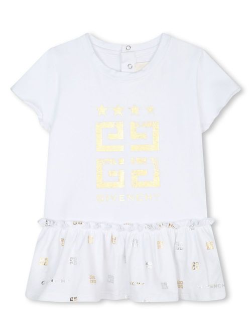4G-print ruffled T-shirt dress - White