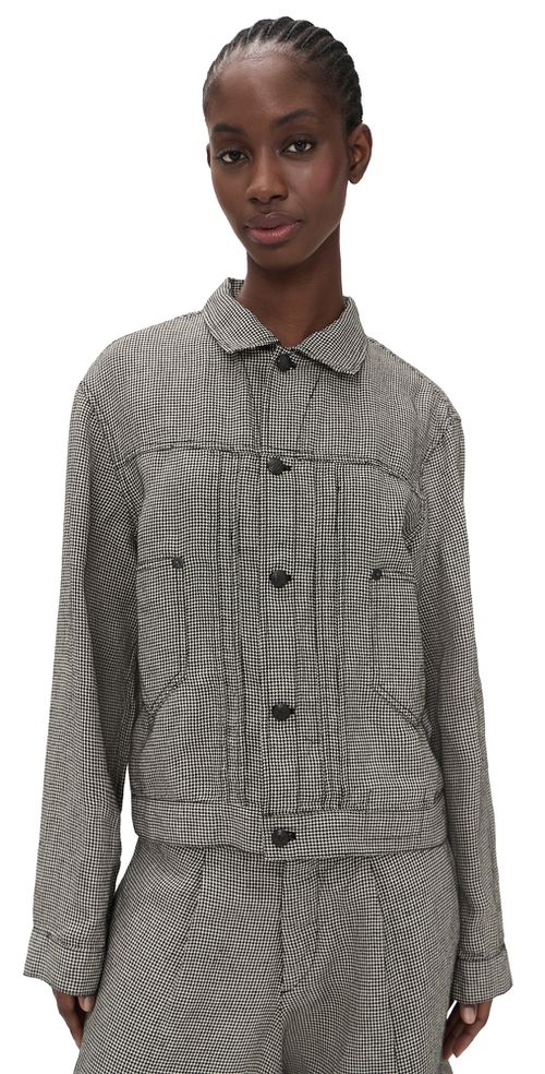Relaxed Pleated Trucker Jacket Black And White Houndstooth