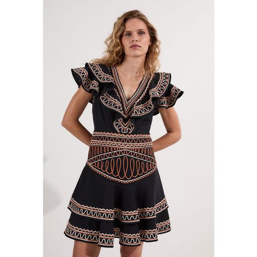 Karen Millen Women's Embroidered Cotton Linen Woven Plunge Mini Dress in Mono