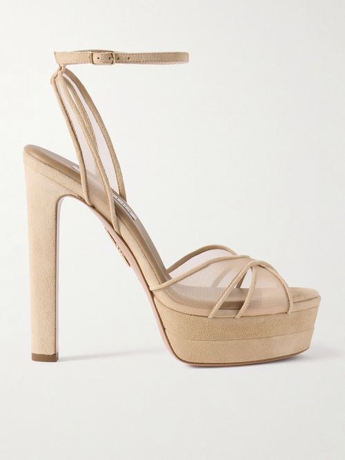 Divine Plateau 130 Suede And Tulle Platform Sandals - Neutrals