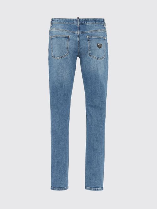 Distressed Slim Fit Skinny Jeans in Cotton Denim with Metal Logo
