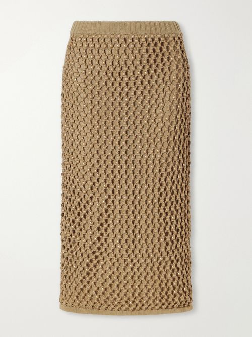 Spice Bead-embellished Crocheted Cotton-blend Midi Skirt - Neutrals