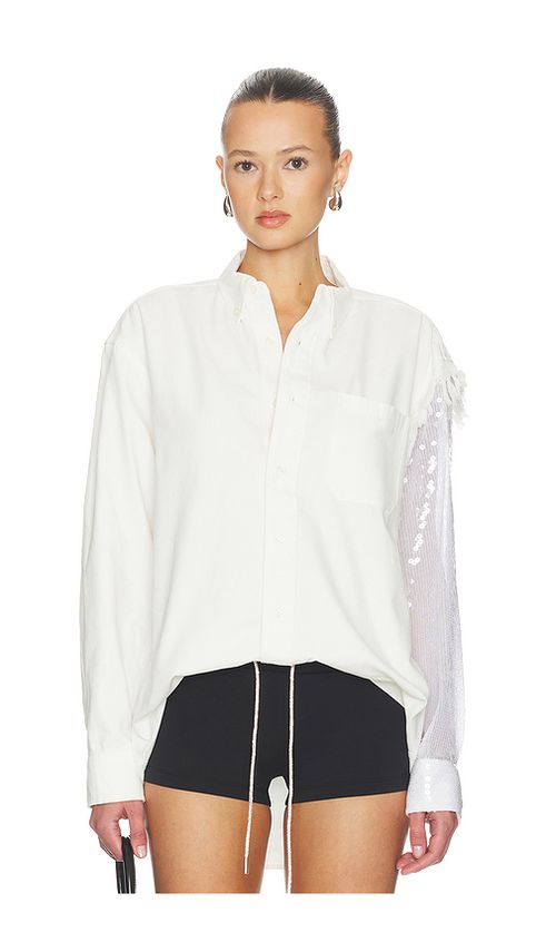 AREA Deconstructed Sequin Oxford Shirt in White. L. Also in M