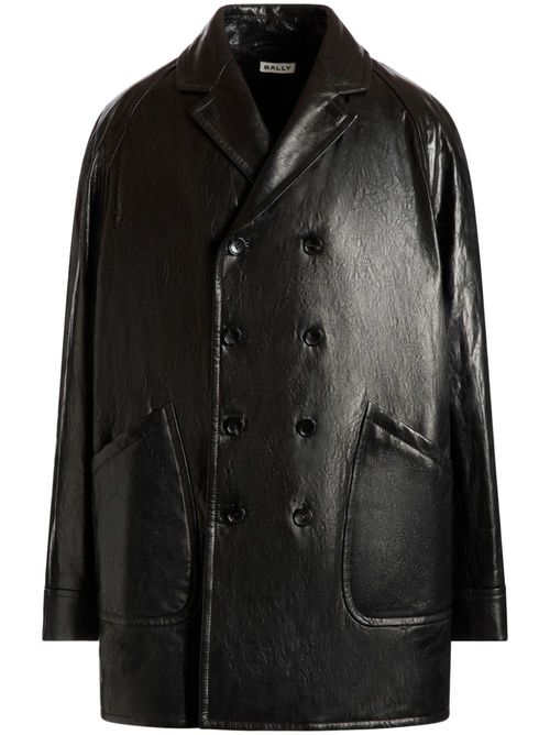 Double-breasted leather coat - Black