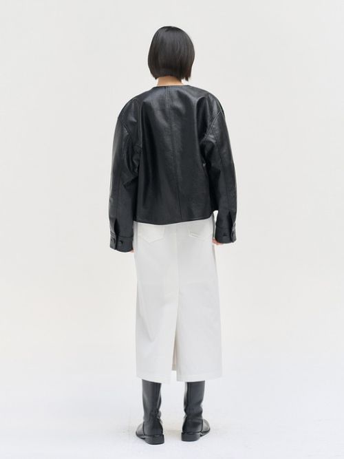 Collarless leather crop jacket